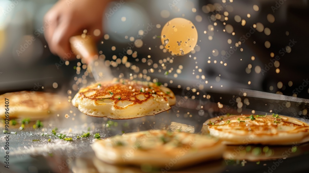 A cook flips pancakes on a griddle with herb sprinkles in the air, focusing on the golden-brown pancakes mid-air during flipping, capturing a dynamic kitchen moment. A cook flips pancakes on a griddle with herb sprinkles in the air, focusing on the golden-brown pancakes mid-air during flipping, capturing a dynamic kitchen moment.