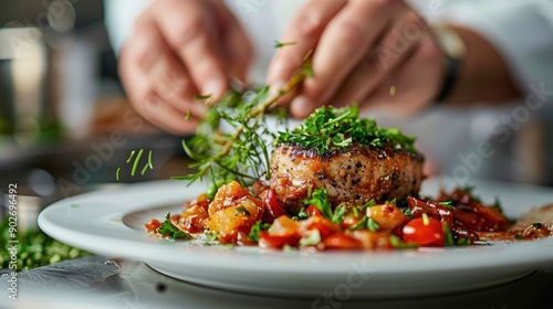 A chef's hands add fresh herbs to a savory dish of grilled meat and colorful vegetables, emphasizing the finishing culinary touch on a well-prepared, gourmet meal.