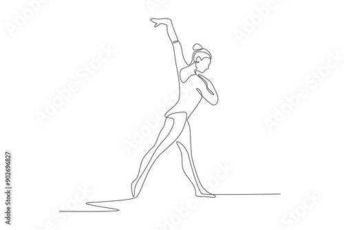 Female gymnastic athlete finishing action. Olympics gymnastics concept one-line drawing