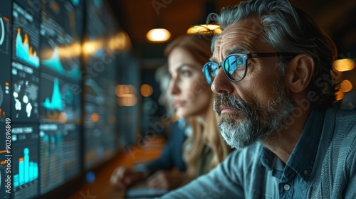 Professionals Analyzing Data Trends in a Modern Office During the Evening Hours