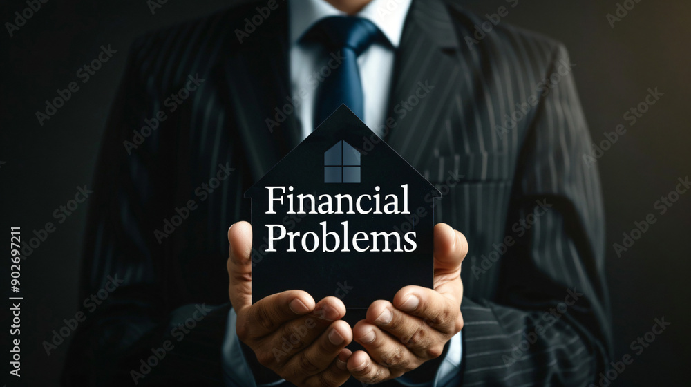 Businessman holding a model house with the text financial difficulties written on it, representing the challenges of the housing market Businessman holding a model house with the text financial difficulties written on it, representing the challenges of the housing market