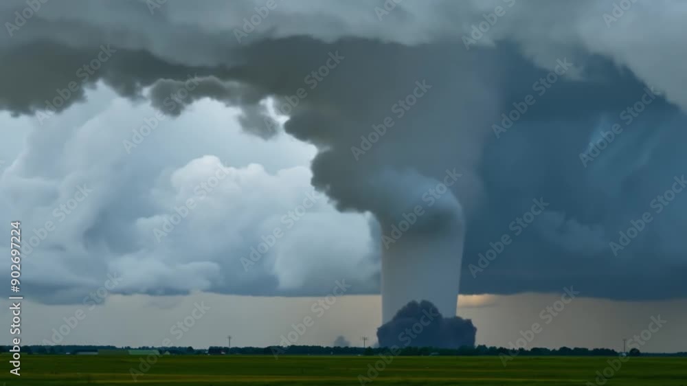 Powerful tornado in an open field with dark clouds swirling above Powerful tornado in an open field with dark clouds swirling above