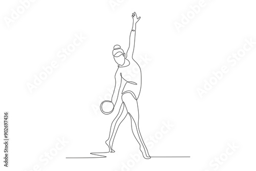 Female gymnastic athlete using ball. Olympics gymnastics concept one-line drawing