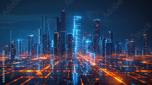 Futuristic city skyline with glowing neon lights and high-tech buildings at night, showcasing advanced technology and urban innovation.