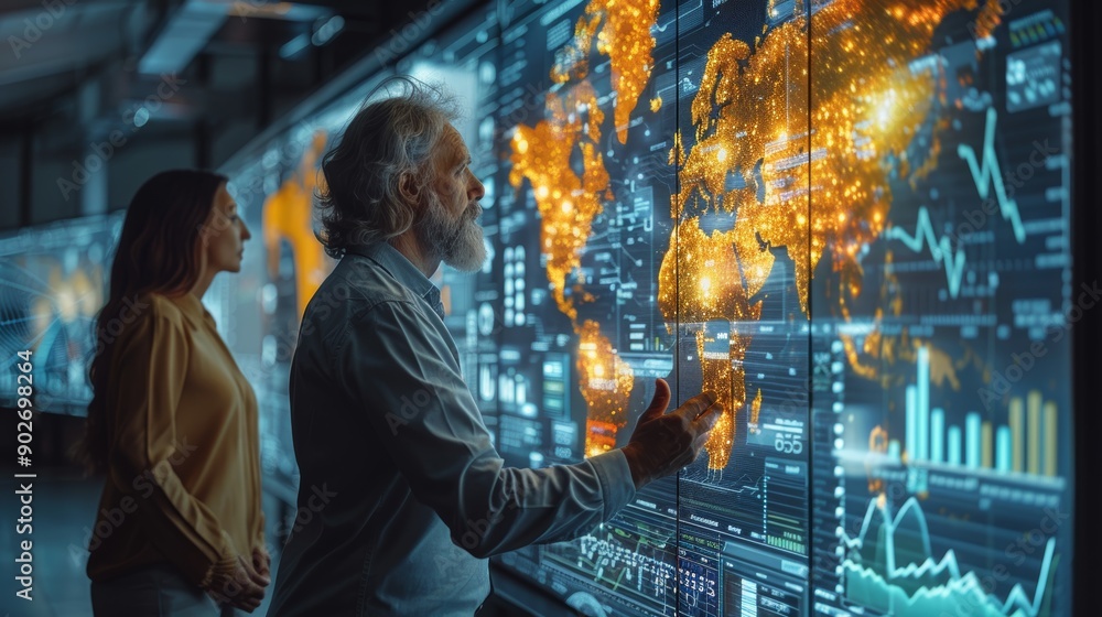 Two People Analyzing a Digital World Map Displaying Data Insights at a ...