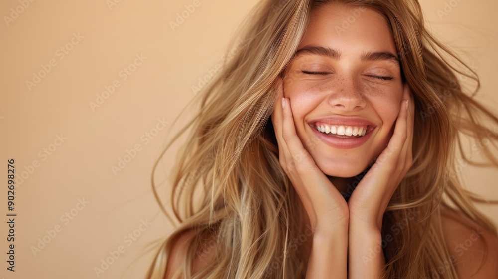 Fototapeta premium Smiling woman with long blonde hair, enjoying a moment of happiness with natural makeup, against a neutral background.
