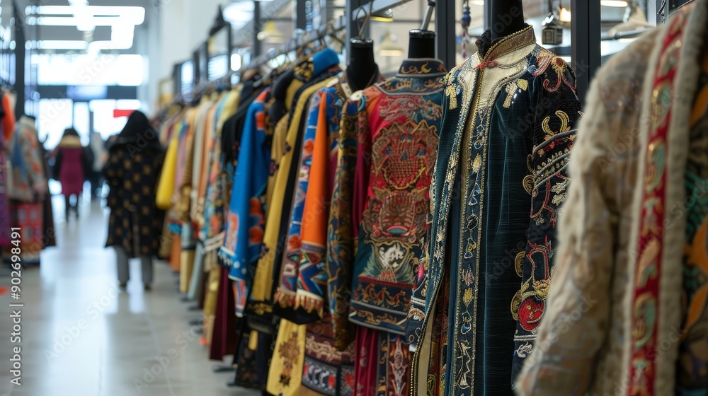 Obraz premium Envision a bustling shopping district in Ulaanbaatar, where traditional Mongolian clothing and modern fashion coexist