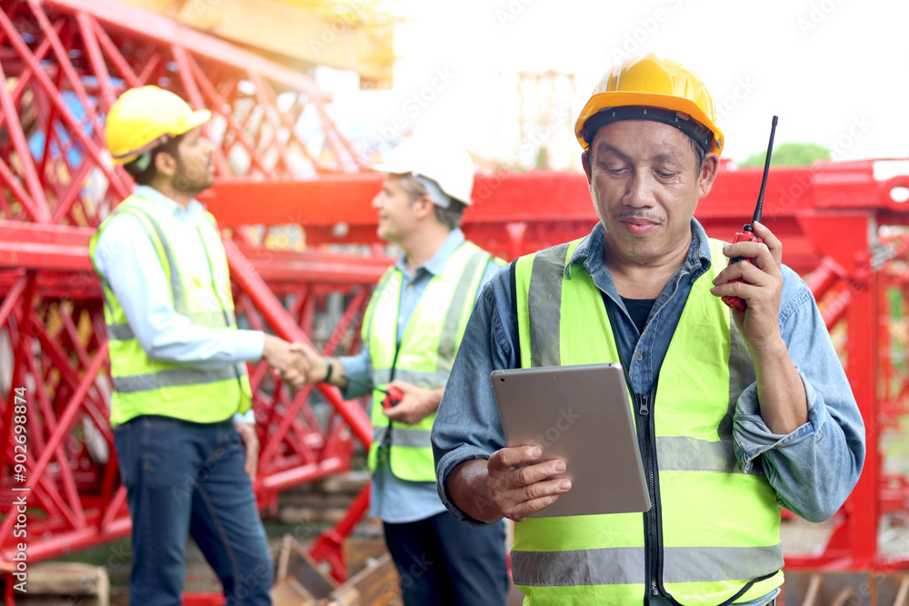 Senior Asian worker engineer with safety vest and helmet hold tablet and walkie talkie at construction site with coworker shaking hands as background. Elderly mature architect working at building site Senior Asian worker engineer with safety vest and helmet hold tablet and walkie talkie at construction site with coworker shaking hands as background. Elderly mature architect working at building site