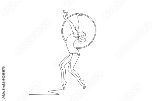 Female gymnastics athlete taking part in a competition with a hula hoop. Olympics gymnastics concept one-line drawing