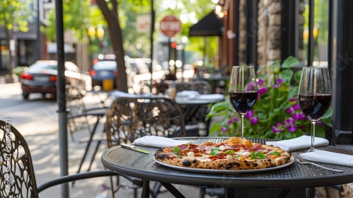 A table is set with a delicious pizza, a glass of wine, and a beautiful view of the street, creating a perfect spot for a leisurely meal.