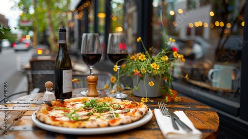 A table is set with a delicious pizza, a glass of wine, and a beautiful view of the street, creating a perfect spot for a leisurely meal.