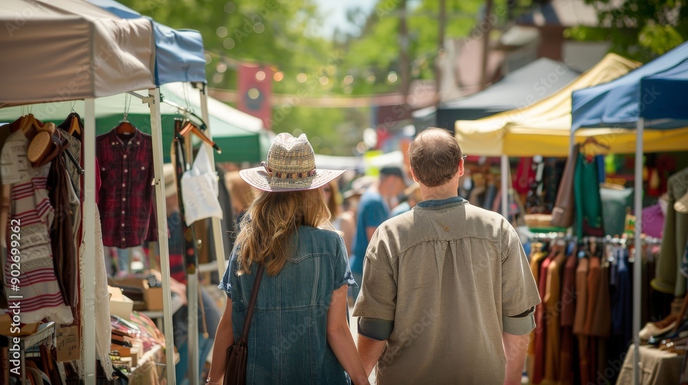 Obraz premium Envision a couple at a bustling weekend market, filled with handcrafted goods and unique finds.