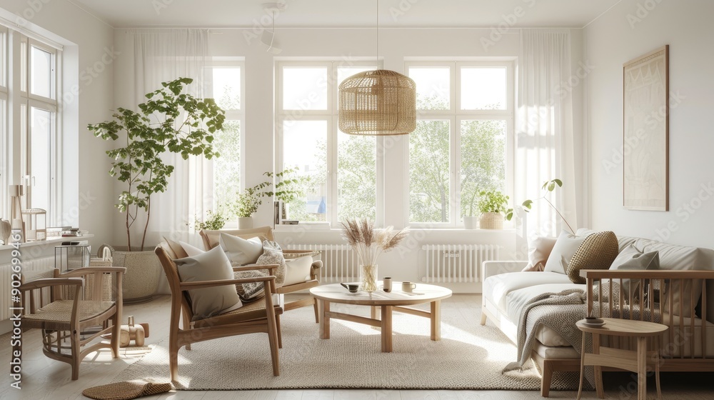 A Scandinavian-style living room with light wood furniture, white walls, cozy textiles, and large windows letting in natural light. A Scandinavian-style living room with light wood furniture, white walls, cozy textiles, and large windows letting in natural light.