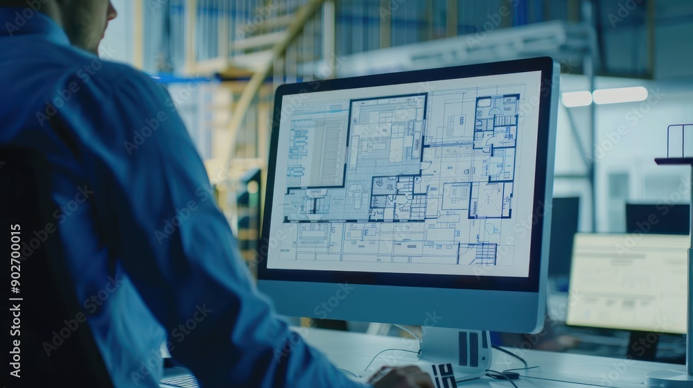 Architectural floor plans displayed on a computer screen during a design review Architectural floor plans displayed on a computer screen during a design review