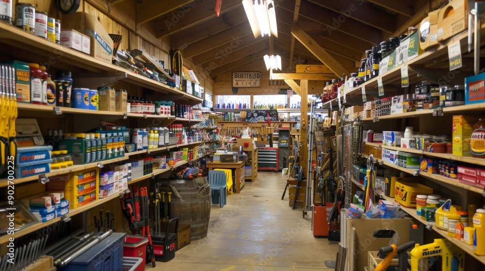 Envision a lively hardware store, where shelves are stocked with tools, paints, and building materials Envision a lively hardware store, where shelves are stocked with tools, paints, and building materials