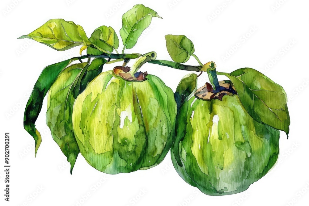 Naklejka premium Hand-drawn Watercolor Illustration of Fresh Garcinia Atroviridis Fruit, a Tropical Superfood Rich in Antioxidants