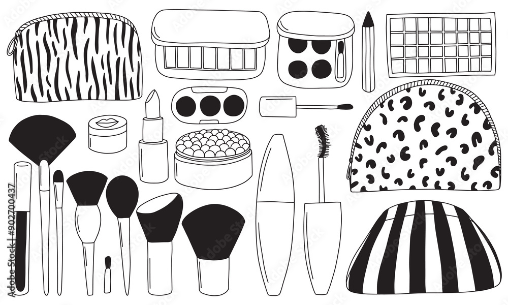 Make up set in doodle style. Vector hand drawn make up collection elements set. Beauty products, cosmetic bags and brushes Make up set in doodle style. Vector hand drawn make up collection elements set. Beauty products, cosmetic bags and brushes