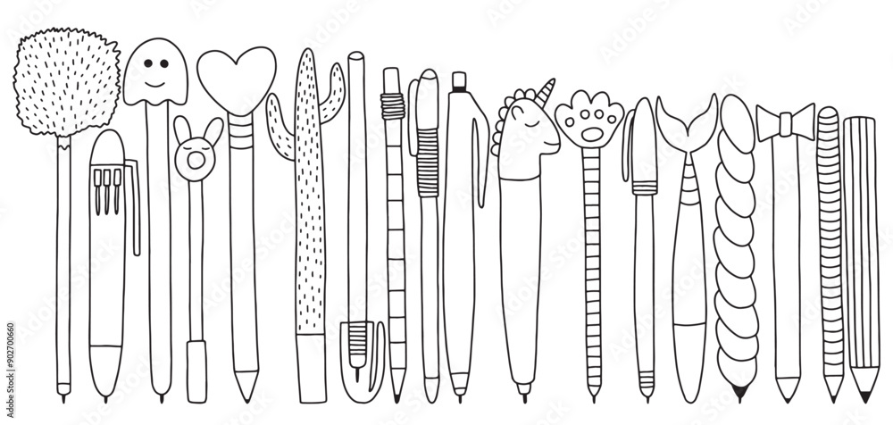 Obraz premium Pens and pencils vector doodle set. Different shapes of pens vector set
