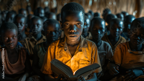 Young African Boy Reading By Candlelight In Classroom