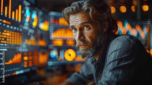 Man Analyzing Data on Multiple Computer Screens in a Dimly Lit Control Room at Night