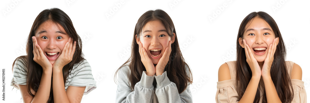 Set of happy Asian teenage girl holding her face in excitement isolated on transparent background (2) Set of happy Asian teenage girl holding her face in excitement isolated on transparent background (2)