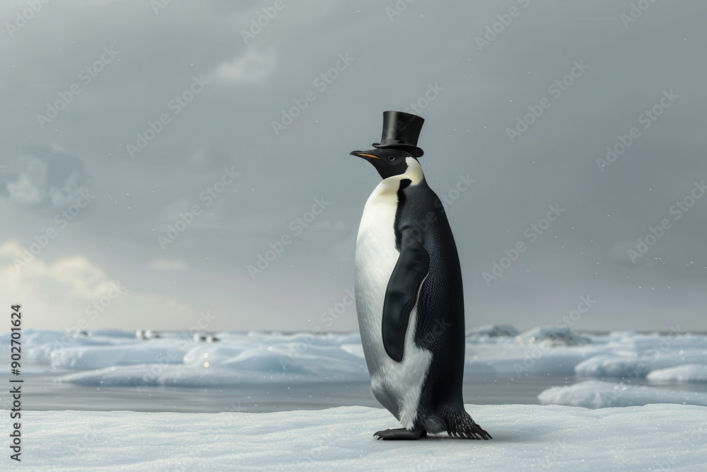 Fototapeta premium Gentleman Penguin: A penguin in a black tuxedo with a top hat and monocle, standing on an icy landscape.