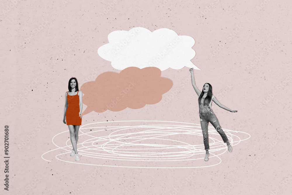 © deagreez - Composite photo collage of two happy amazed girls cloud communication dialogue speech phrases isolated on painted background © deagreez - Composite photo collage of two happy amazed girls cloud communication dialogue speech phrases isolated on painted background