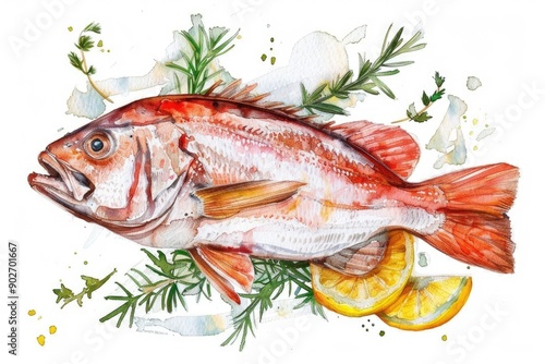 Hand-drawn Watercolor Illustration of Fresh Red Bass Seafood with Herbs and Lemon