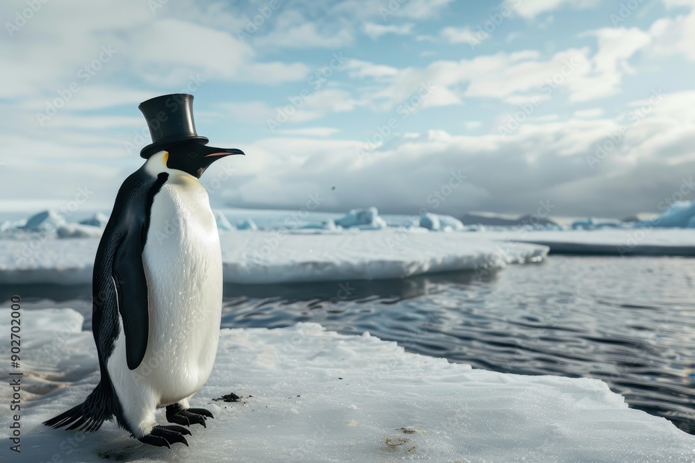 Obraz premium Gentleman Penguin: A penguin in a black tuxedo with a top hat and monocle, standing on an icy landscape.