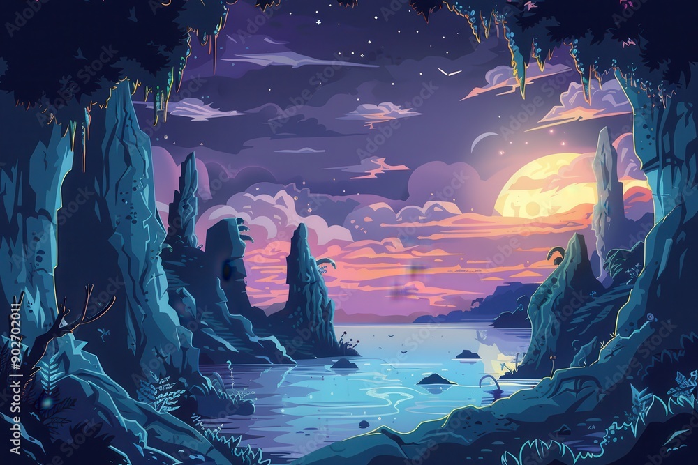 Fototapeta premium Mystical moonlight reflecting on tranquil water between giant rocks