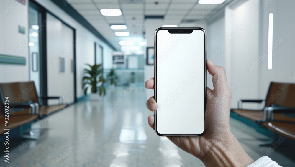 Mockup of a blank smartphone, mobile phone screen held in hand, hospital healthcare waiting room scene background Mockup of a blank smartphone, mobile phone screen held in hand, hospital healthcare waiting room scene background