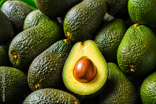 A pile of avocados with one cut open, highlighting the creamy texture and vibrant color avocado tree in the background