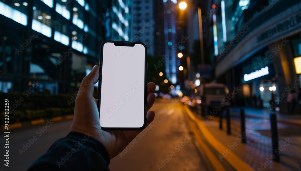 Mockup of a blank smartphone, mobile phone screen held in hand, hand holding a blank smartphone in front of a blurred background of a busy city street at night Mockup of a blank smartphone, mobile phone screen held in hand, hand holding a blank smartphone in front of a blurred background of a busy city street at night
