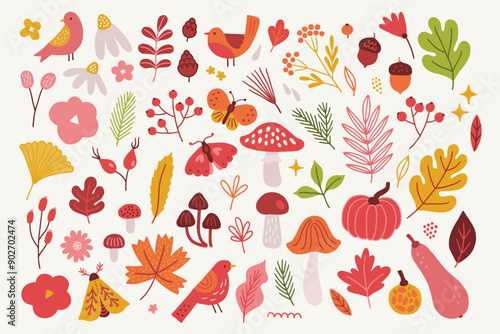 Autumn collection - birds, flower, berry, butterfly, mushroom, briar, leaves, acorn