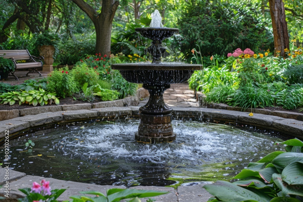 Water fountain cascading into a pond in a lush garden Water fountain cascading into a pond in a lush garden