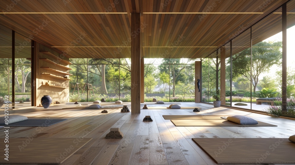 Fototapeta premium Envision a yoga studio with an open-air design, allowing the fresh breeze to flow through.