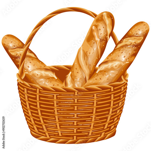 A detailed vector illustration of freshly baked baguettes in a wicker basket. Perfect for culinary, bakery, or food-related designs.