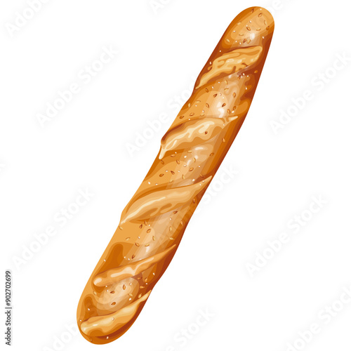 A detailed vector illustration of a freshly baked baguette with a golden crust, showing texture and sesame seeds. Ideal for culinary, bakery, or food-related designs.