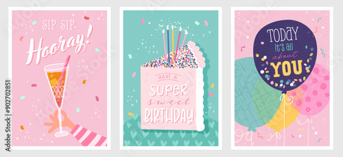 Set of birthday postcards with  confetti, balloons, cocktail, cake and hand writing. Invitations, happy birthday. Vector templates great for card, poster, flyer or banner