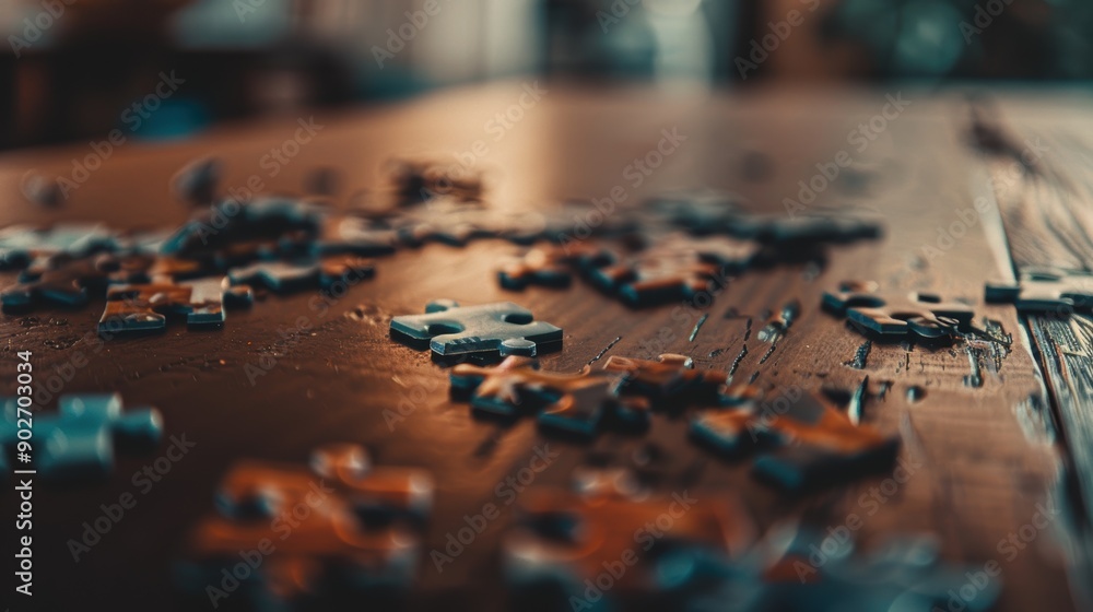 Puzzle pieces laying on a wooden table, with warm lighting, creating a cozy and intriguing atmosphere Puzzle pieces laying on a wooden table, with warm lighting, creating a cozy and intriguing atmosphere