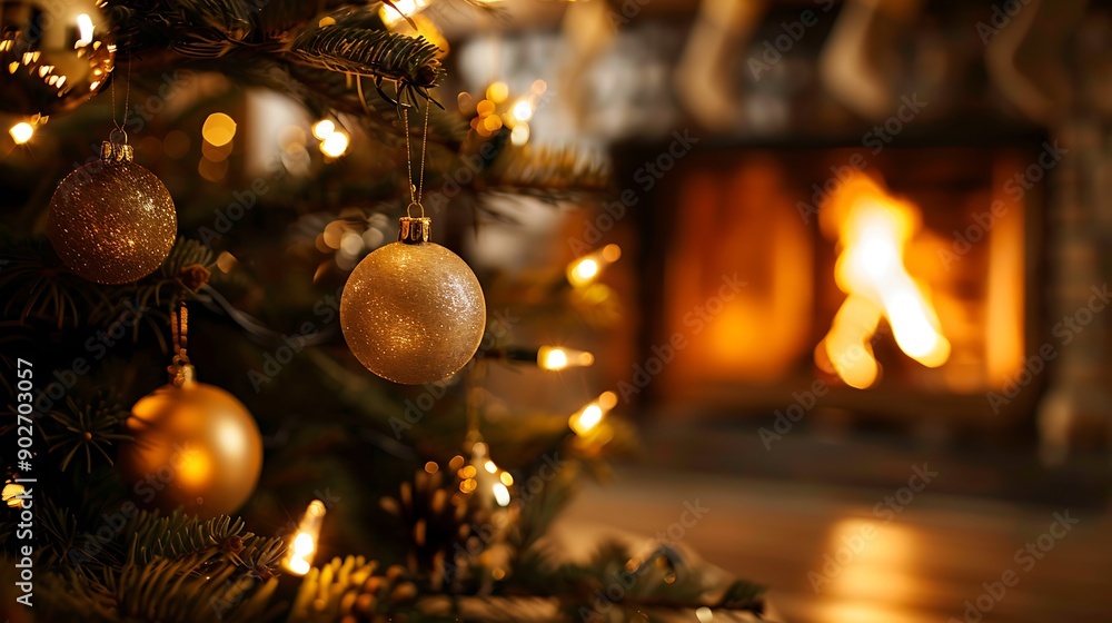Closeup of golden baubles on christmas tree at fireplace Closeup of golden baubles on christmas tree at fireplace