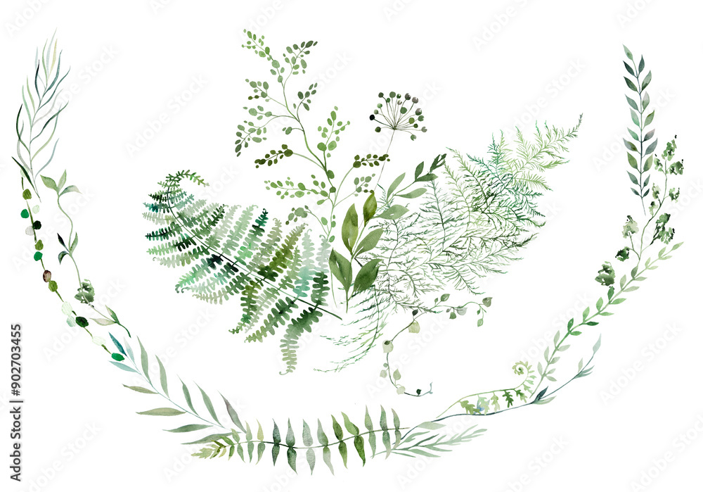 Wreath and bouquet with Watercolor fern twigs with green leaves isolated illustration, botanical wedding Wreath and bouquet with Watercolor fern twigs with green leaves isolated illustration, botanical wedding