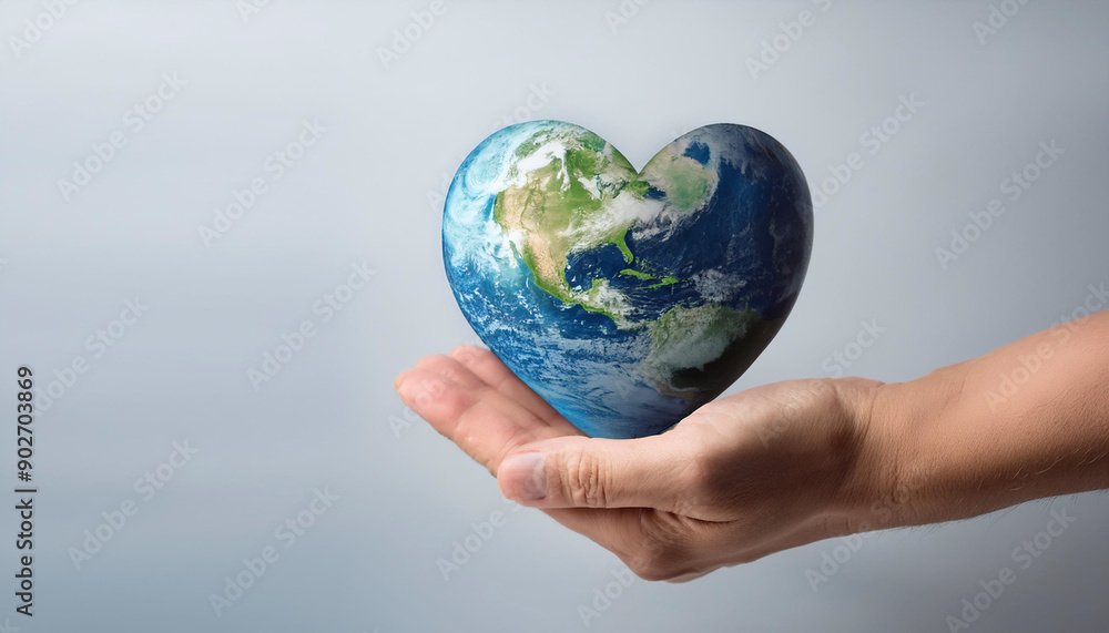 The heart-shaped earth in the hands of a person, on a clean and clear background, conveys a message of global unity. concept of International Day of Peace The heart-shaped earth in the hands of a person, on a clean and clear background, conveys a message of global unity. concept of International Day of Peace