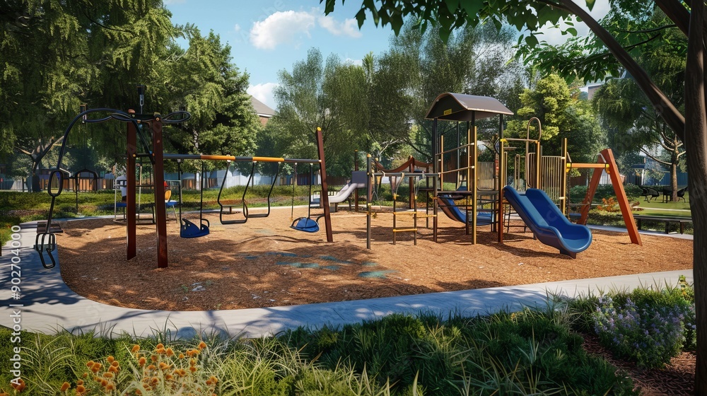 Fototapeta premium Imagine a 3D playground with swings, slides, and climbing structures.