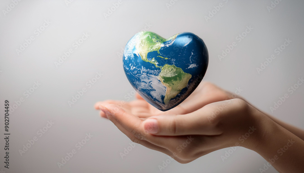 The heart-shaped earth in the hands of a person, on a clean and clear background, conveys a message of global unity. concept of International Day of Peace The heart-shaped earth in the hands of a person, on a clean and clear background, conveys a message of global unity. concept of International Day of Peace