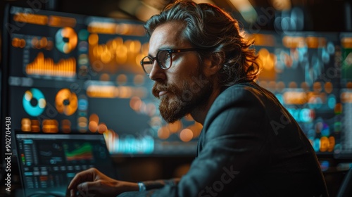 Focused Analyst Working Late at Night in a Modern Financial Office