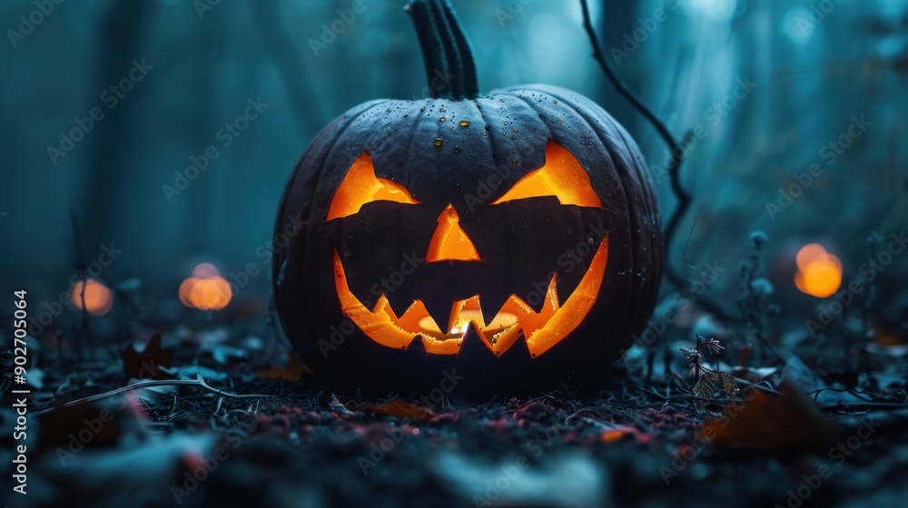 Jack-O'-Lantern in the Mist: A carved pumpkin with a sinister grin glows ominously in a misty forest setting, surrounded by other jack-o'-lanterns, creating a haunting and atmospheric Halloween scene. Jack-O'-Lantern in the Mist: A carved pumpkin with a sinister grin glows ominously in a misty forest setting, surrounded by other jack-o'-lanterns, creating a haunting and atmospheric Halloween scene.