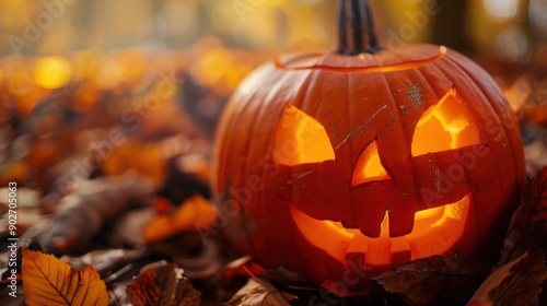 Jack-O-Lantern Glowing in the Autumn Leaves: A close-up shot of a jack-o-lantern with a mischievous grin, its warm glow illuminating the surrounding autumn leaves.  A spooky yet enchanting scene, perf photo