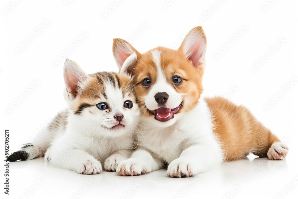 Obraz premium Cute happy puppy and kitten sitting together, isolated on a white background, friendship, pet supplies
