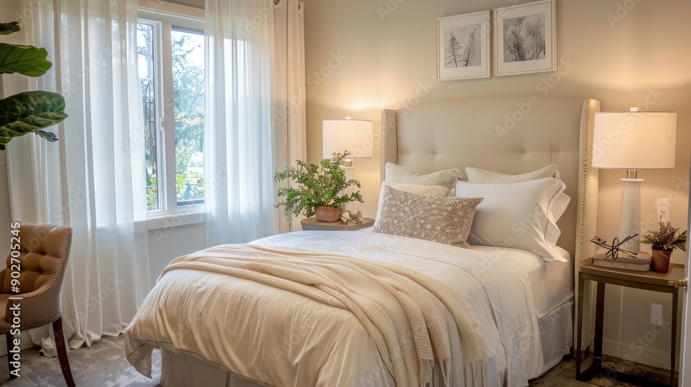A stylish guest bedroom with a queen-sized bed A stylish guest bedroom with a queen-sized bed